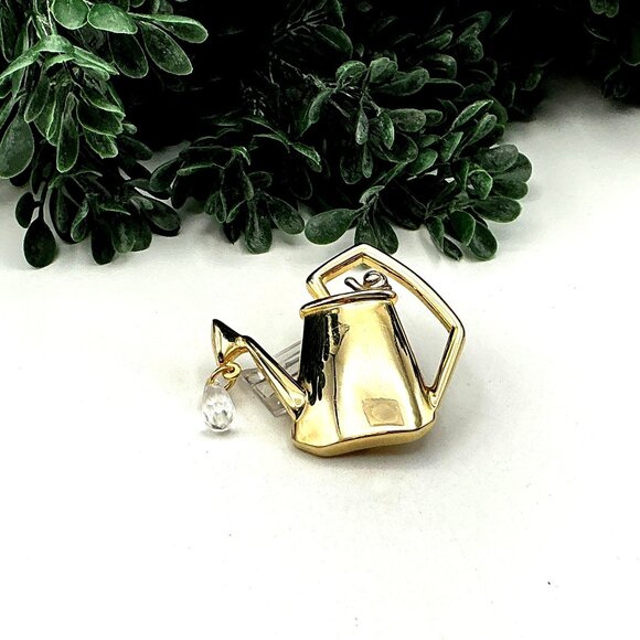 Watering Can Gold-Tone Brooch With Crystal Drop Accent For Garden Enthusiasts - Picture 1 of 4